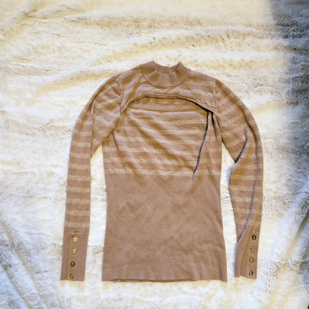 GUESS Chic Tan Striped Sweater with Button Accents